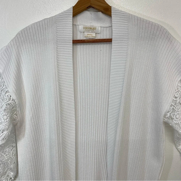 Coco Bleu Open White TiB Knit Cardigan Medium Crochet Puff Sleeve Knit Stretch - Picture 2 of 10